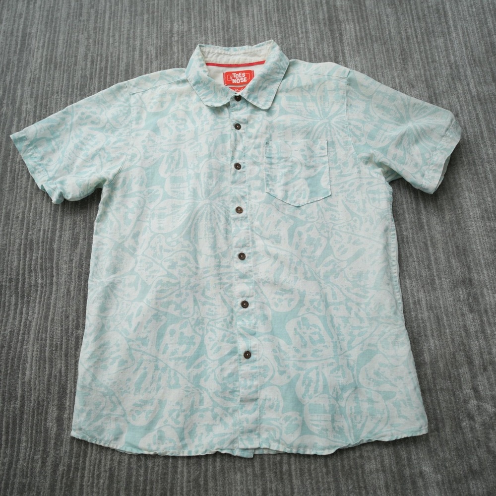 Toes On The Nose Shirt Men Button Up Short Sleeve Linen White Blue Hawaiian M